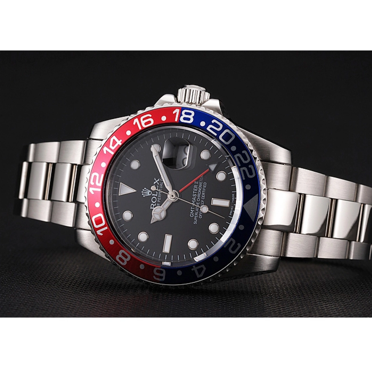 Aaa replica watch 1453751 Swiss Pepsi GMT II Rolex Bracelet Master Black Bezel Dial Steel Case Stainless And 0603